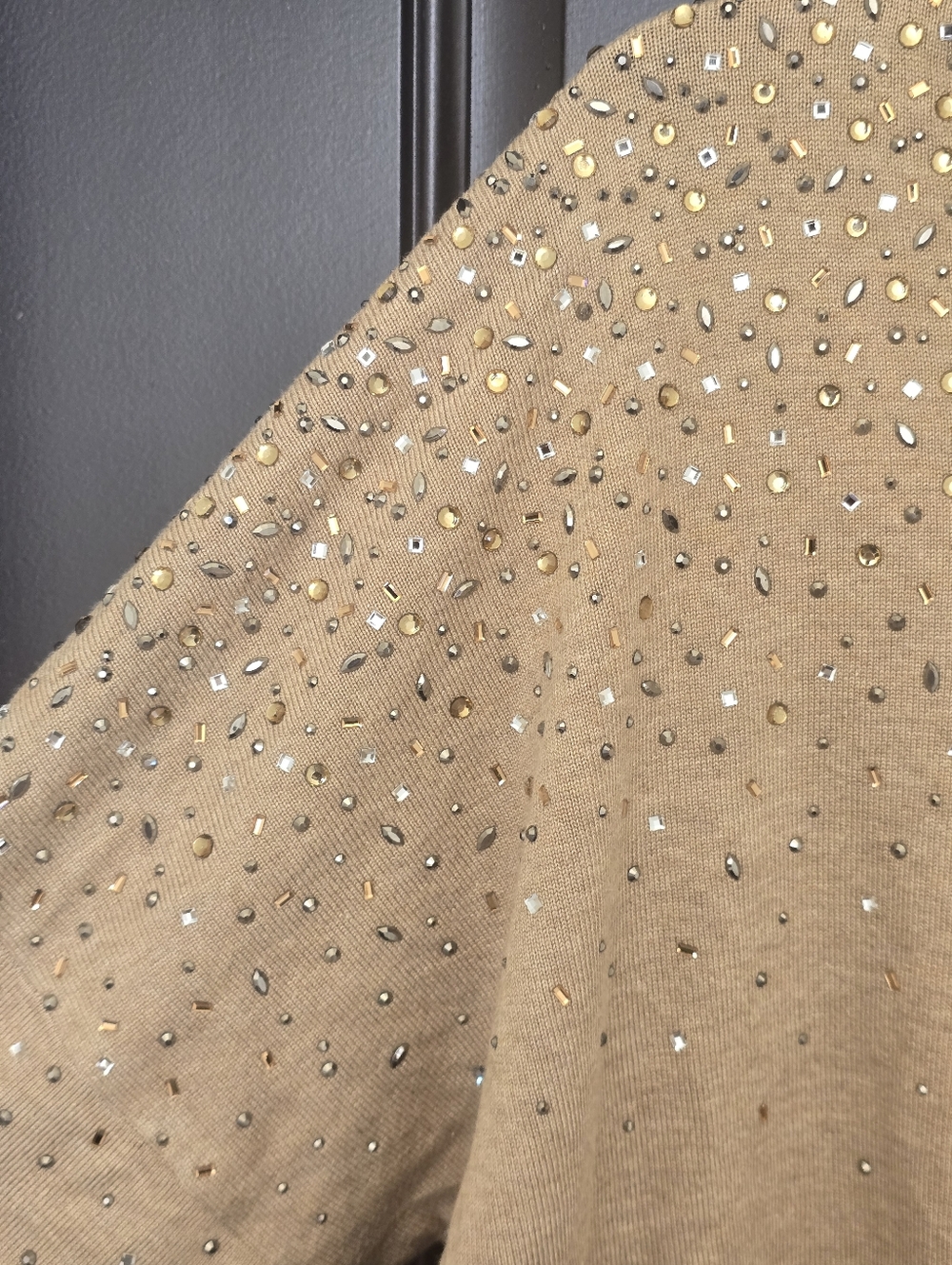 Calvin Klein Women Beige Embellished Cowl Neck Sweater Dress Sz Large Rhinestone - Picture 8 of 12